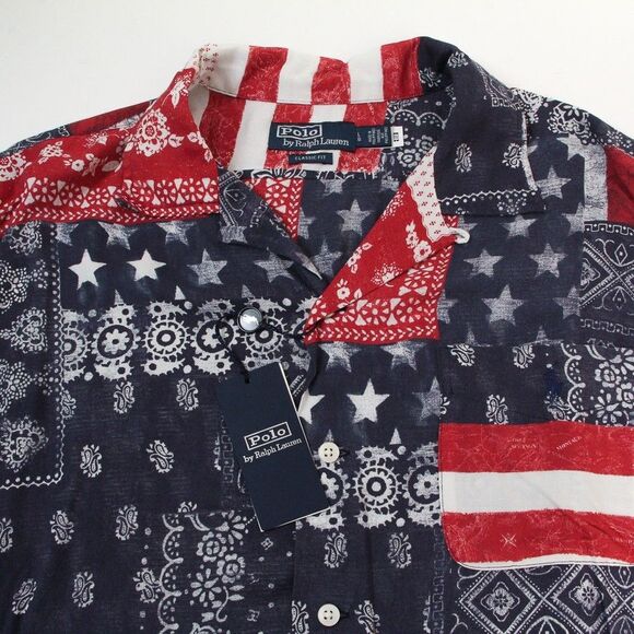 NWT Polo Ralph Lauren Classic Fit Patchwork USA FLAG Bandana Camp Shirt, Large - Picture 3 of 9